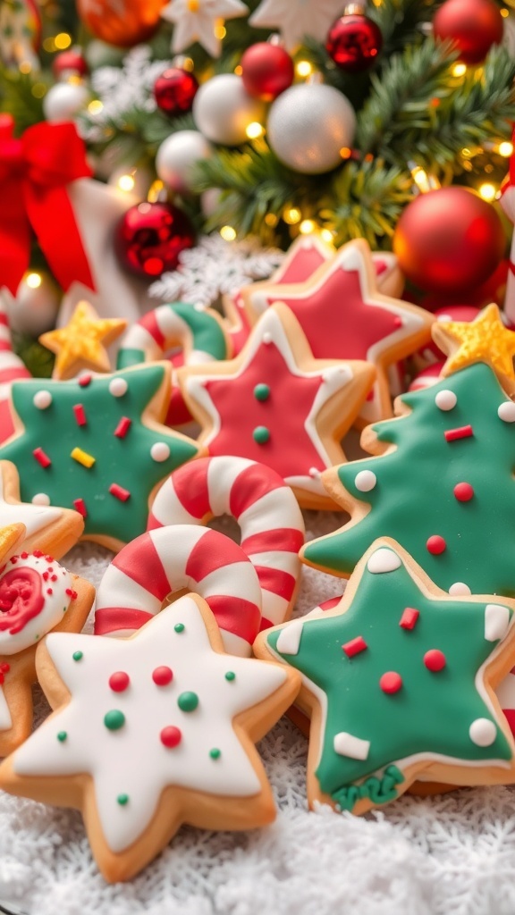 Christmas Sugar Cookie Recipe Decorated Christmas sugar cookies in festive shapes with colorful icing and sprinkles.